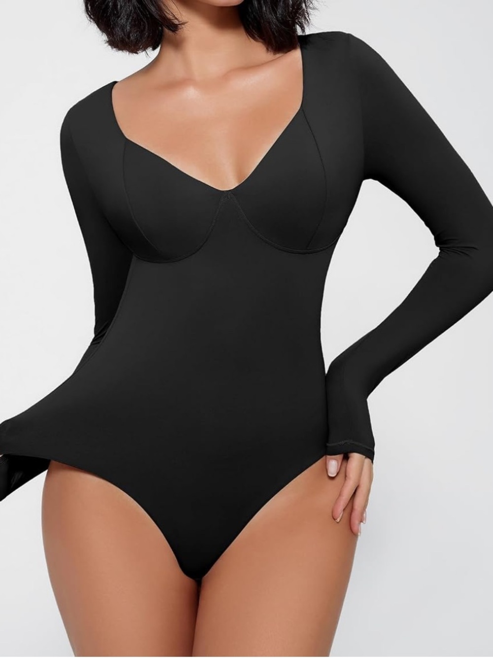 Black Long-Sleeve V-Neck Bodysuit